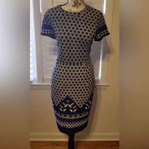 H&m Black, Blue And White Printed Dress Midi/Mini Zipper Back